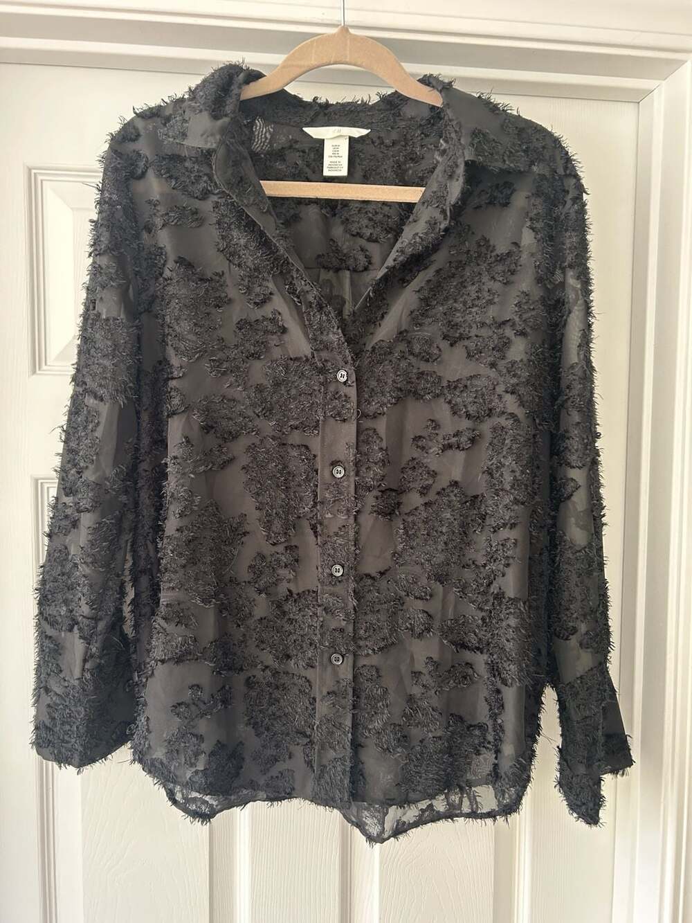 H&M Black Textured-Weave Sheer Button-Down Shirt